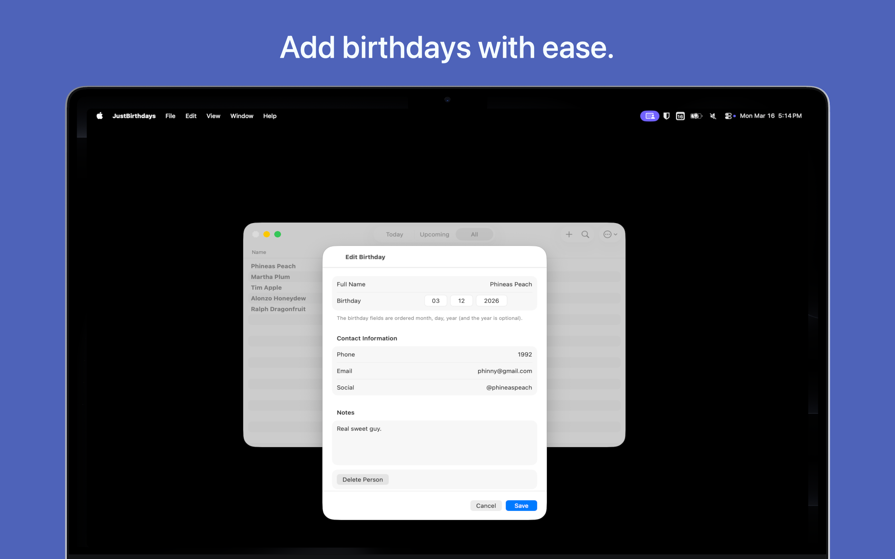 Just Birthdays macOS screenshot 2